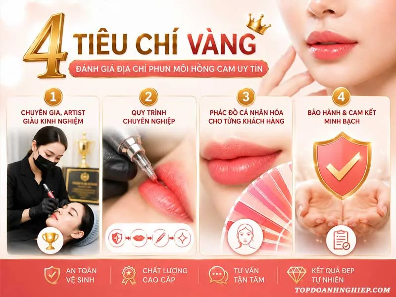 Sơ đồ tổng hợp 4 tiêu chí vàng đánh giá giúp bạn lựa chọn được một địa chỉ phun môi hồng cam uy tín chất lượng