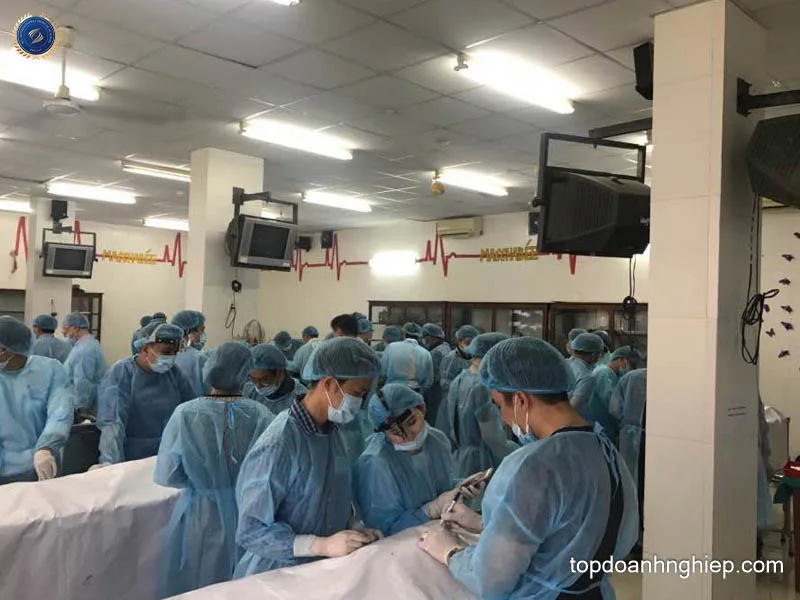 Trainees in sterile blue surgical gowns and caps conducting practical medical procedures in a large lab