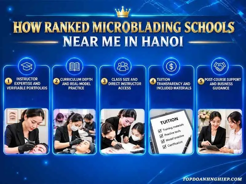 Evaluation criteria graphic for choosing top microblading classes near me in Hanoi.