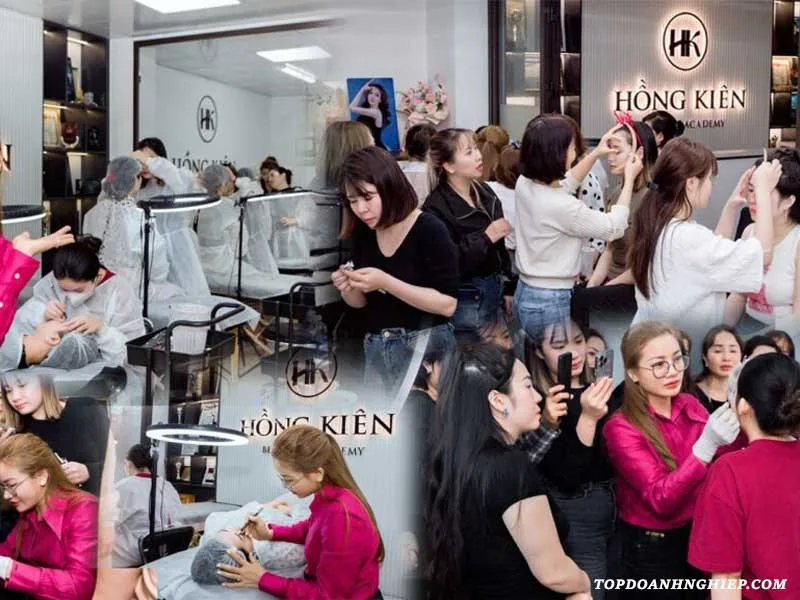 Students practicing eyebrow techniques at Hồng Kiên Academy during microblading classes near me in Hanoi.