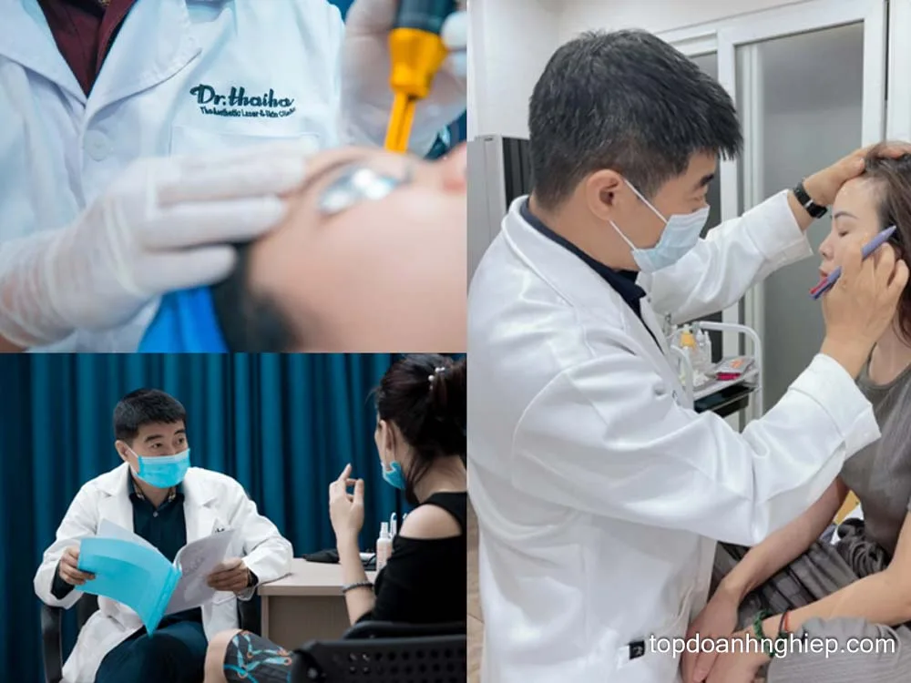 Dermatologist Dr. Thai Ha examining facial skin and performing laser therapy for a patient