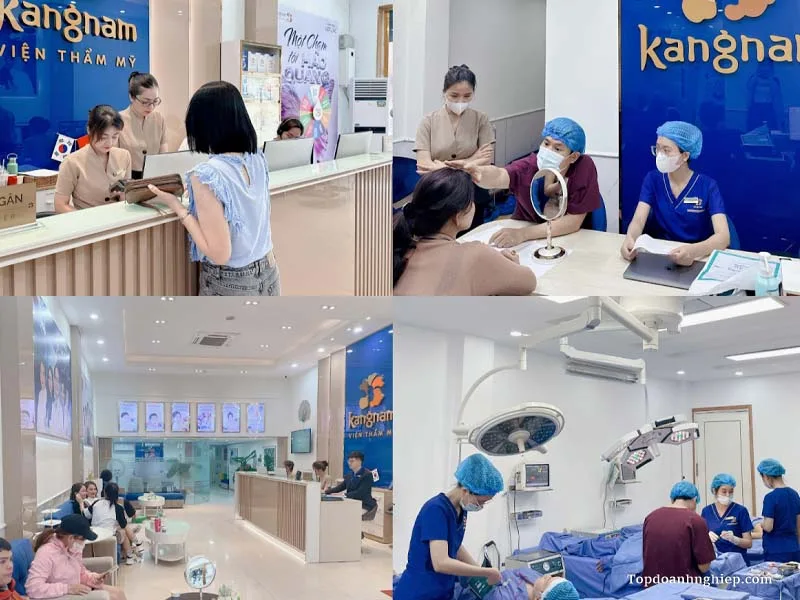 Collage showing reception, consultation, and surgical suites at Kangnam offering the Best intimate area whitening in Hanoi