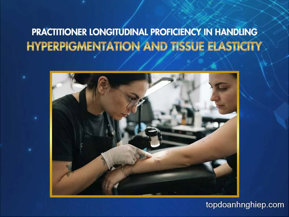 Practitioner examining arm scar tissue and hyperpigmentation before a skin camouflage tattoo session