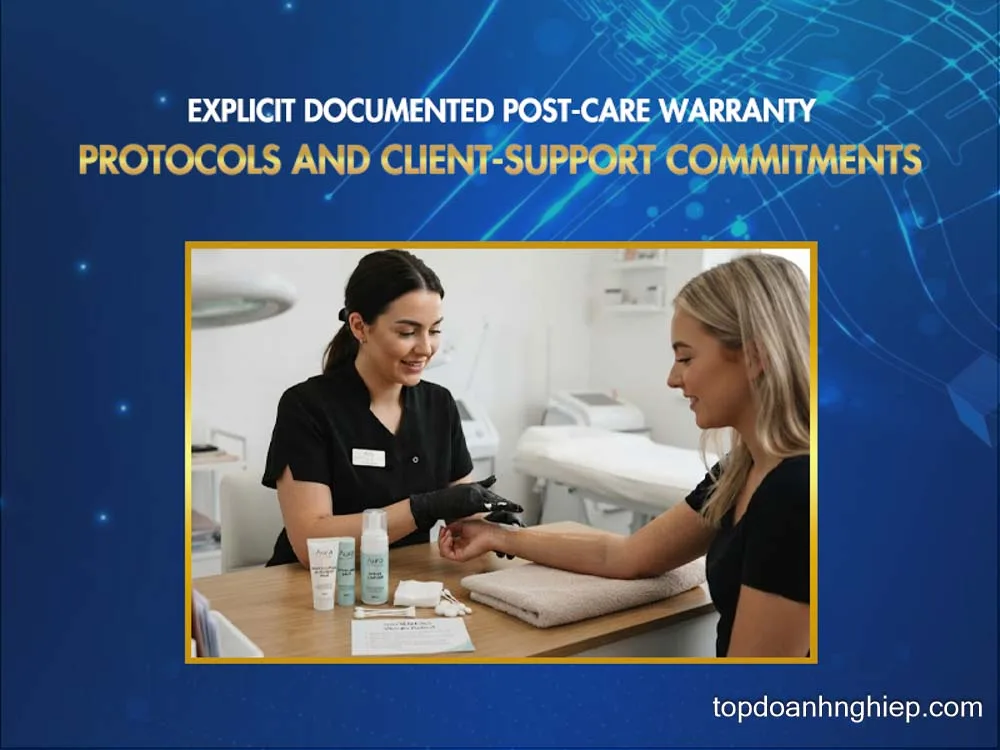 Specialist providing post-care guidance and documented warranty after a skin camouflage tattoo treatment